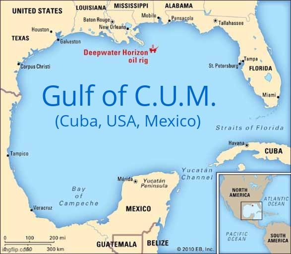 Bild des Golfs von Mexiko mit der Bezeichnung:
Gulf of C.U.M (Cuba, USA, Mexikco)