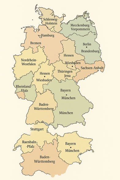 Eine Karte von D.
Baden-Württemberg und Bayern tauchen zweimal auf und wirken wie gespiegelt (ins Gebiet von Schweiz und Österreich). Namen der Bundesländer sind falsch geschrieben und lokalisiert.