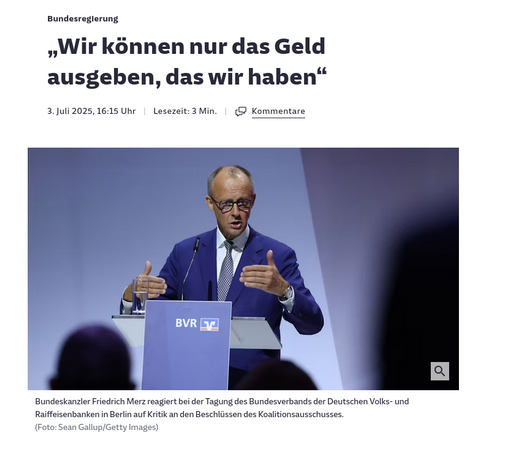 Anriss eines Zeitungsartikels mit dem Titel »„Wir können nur das Geld ausgeben, das wir haben“« und einem Foto von Friedrich Merz