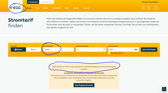 Fehlermeldung, dass die EGG in Gera keine Stromversorgung anbieten möchte