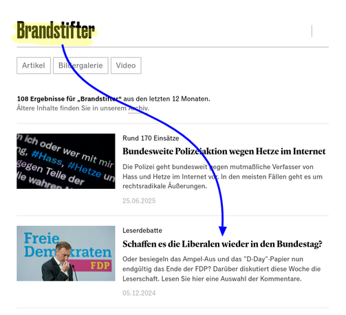 Suche nach dem Begriff "Brandstifter". Ein Vorschlag ist ein Artikel zur FDP.