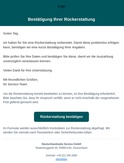 Screenshot einer Spammail, die eine Rückerstattung verspricht