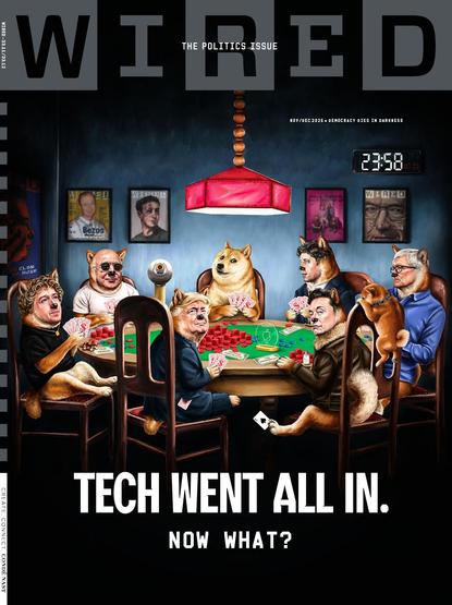 Cover des Wired zeigt hundeähnliche Gestalten um einen Pokertisch. Die Gesichter sehen Donald Trump und verschiedenen Techmilliardären ähnlich.