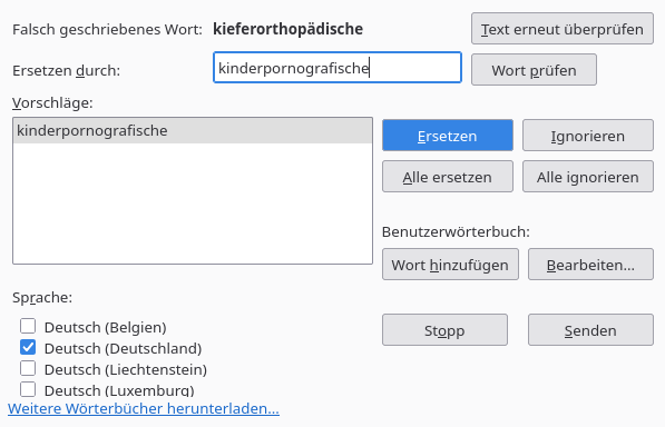Die Prüfung schlägt anstatt des Wortes "kieferorthopädische" das Wort "kinderpornografische" vor.