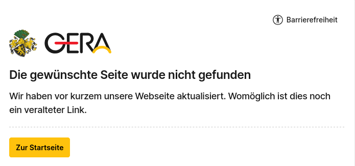 Screenshot der Hauptseite mit dem Text "Die gewünschte Seite wurde nicht gefunden"