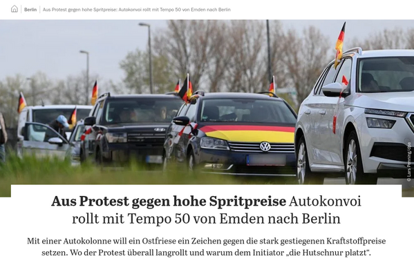 Screenshot des Artikels: "Aus Protest gegen hohe Spritpreise: Autokonvoi rollt mit Tempo 50 von Emden nach Berlin"