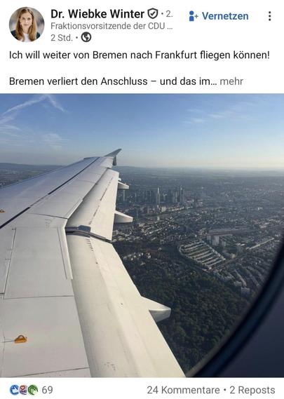 Bild aus dem Flugzeug mit dem Kommentar, dass sie weiterhin von Bremen nach Frankfurt fliegen können will.