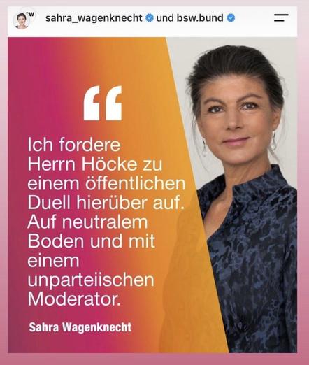 Screenhot von Instagram von Wagenknecht Höcke zu einem Duell auffordert